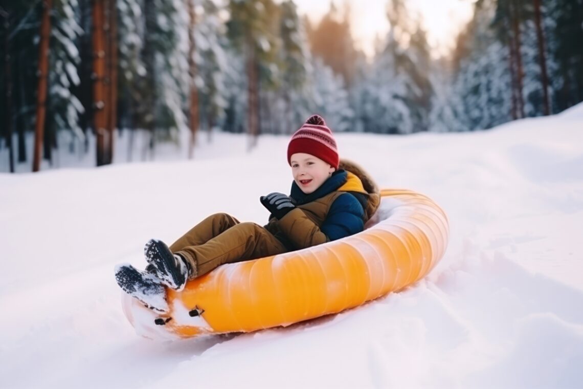 a photo of a boy on an inflatable toboggan in the snow forest background, natural light
