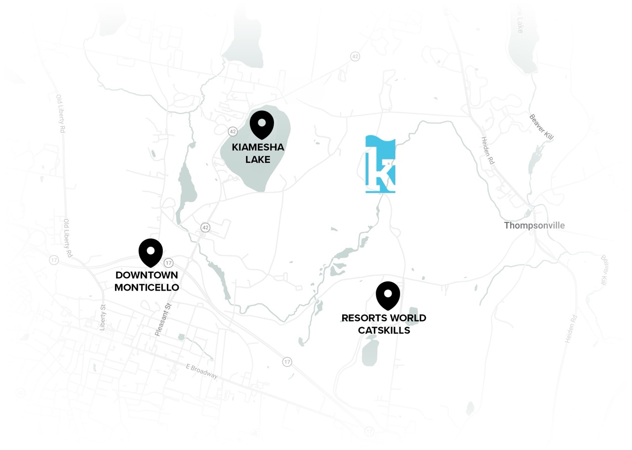 Map showing Kiamisha Lake, Downtown Monticello, Resorts World Catskills, and Thompsonville with location markers and light map details.