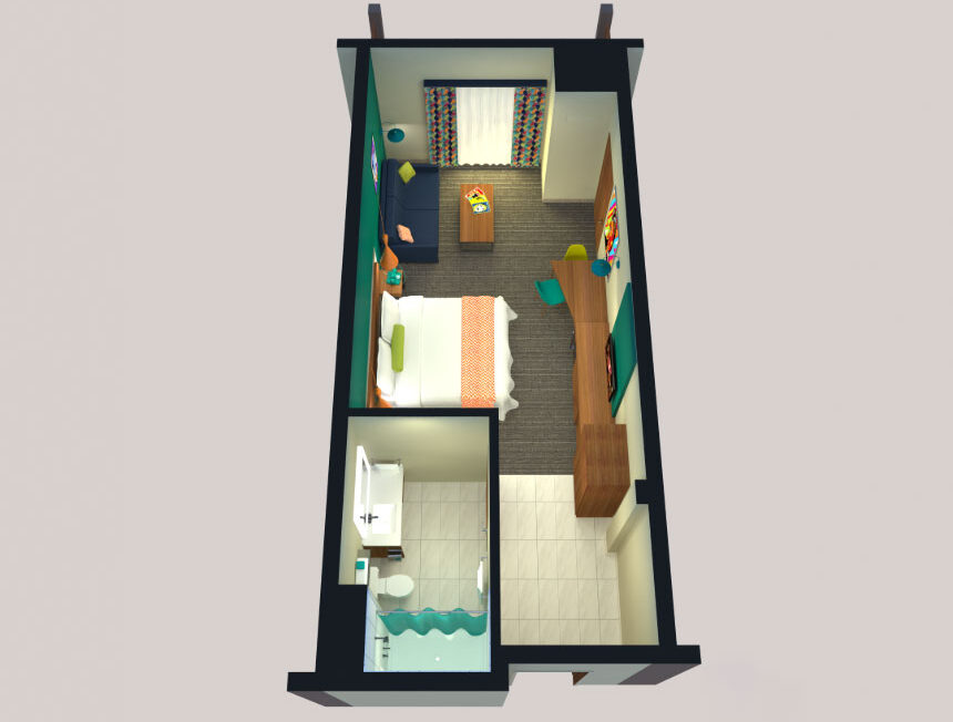 3D floor plan of a small room with a bed, desk, wardrobe, chair, window, and an attached bathroom with a shower, sink, and toilet.