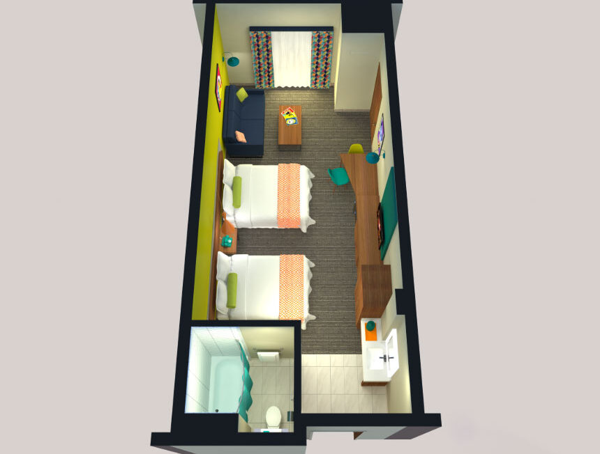 Top-down view of a hotel room with two beds, a sofa, a desk, a TV, a window with curtains, and a bathroom with a shower.
