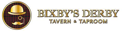 Logo for Bixbys Derby Tavern & Taproom with a bowler hat, monocle, mustache, and plaid background.