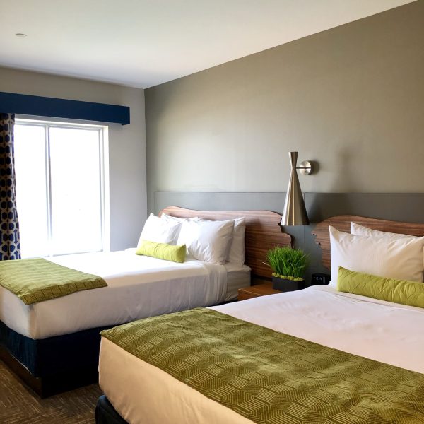 Hotel room with two double beds, green accents, white bedding, a window with curtains, and a small plant on a nightstand between the beds.