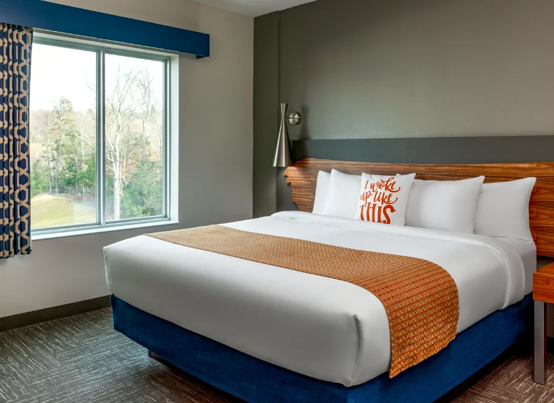 Modern hotel room with a large bed, orange runner, decorative pillow, window with trees outside, patterned curtains, and gray accent wall.