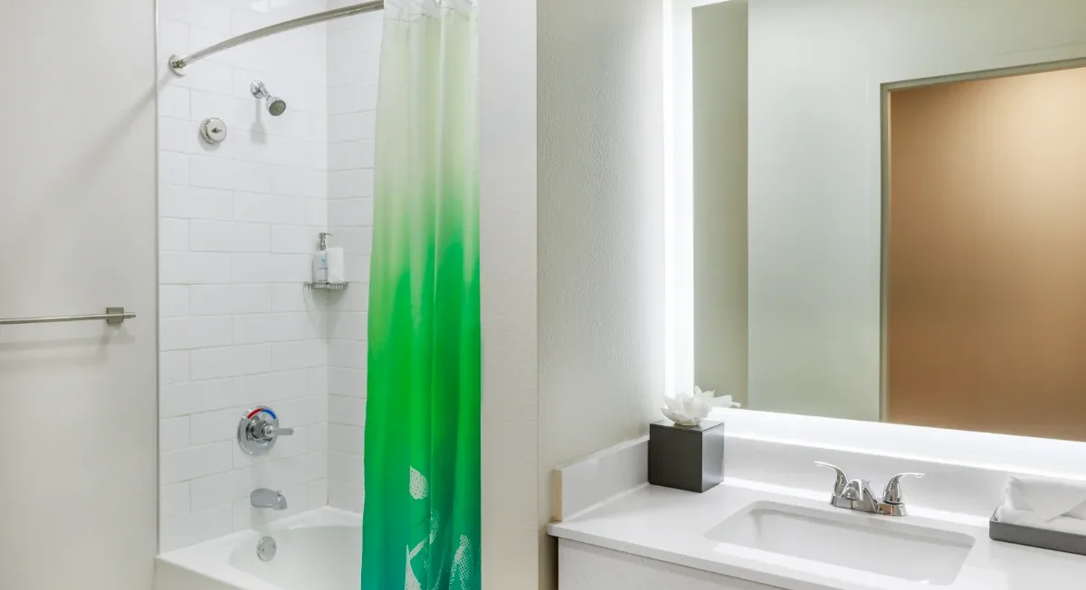 Modern bathroom with a white tub, green gradient shower curtain, white sink, large mirror, and a small plant on the counter.