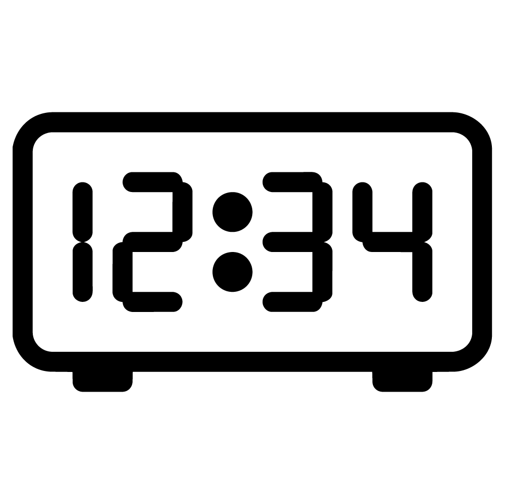 Black and white digital clock icon displaying the time 12:34, with bold, block-style numbers and rounded corners.