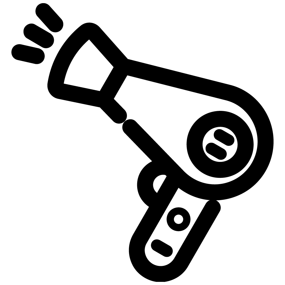Black and white icon of a hair dryer with airflow lines, depicted in a simple, bold, and minimalist style.