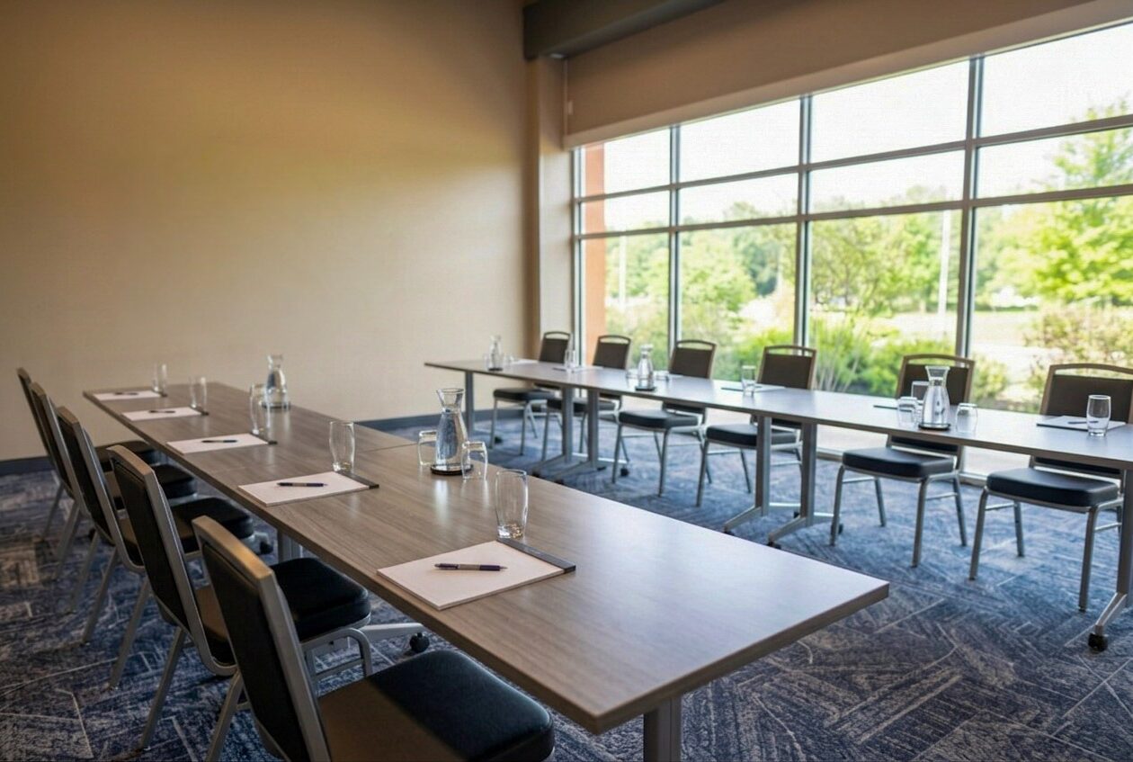 Conference room with empty chairs, tables, notepads, pens, glasses, and water pitchers, next to large windows overlooking greenery.