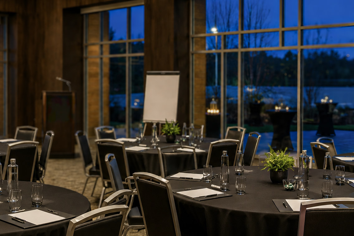 A conference room with round tables, chairs, notepads, water bottles, a flip chart, plants, and large windows overlooking an outdoor view at dusk.