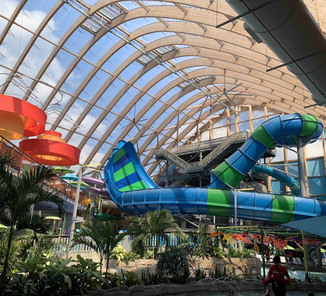Large indoor water park with colorful twisting slides, tropical plants, and a glass arched roof letting in natural light.