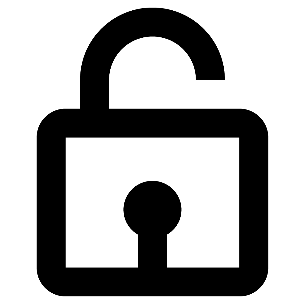 Black open padlock icon on a white background, symbolizing unlocked or accessible content.