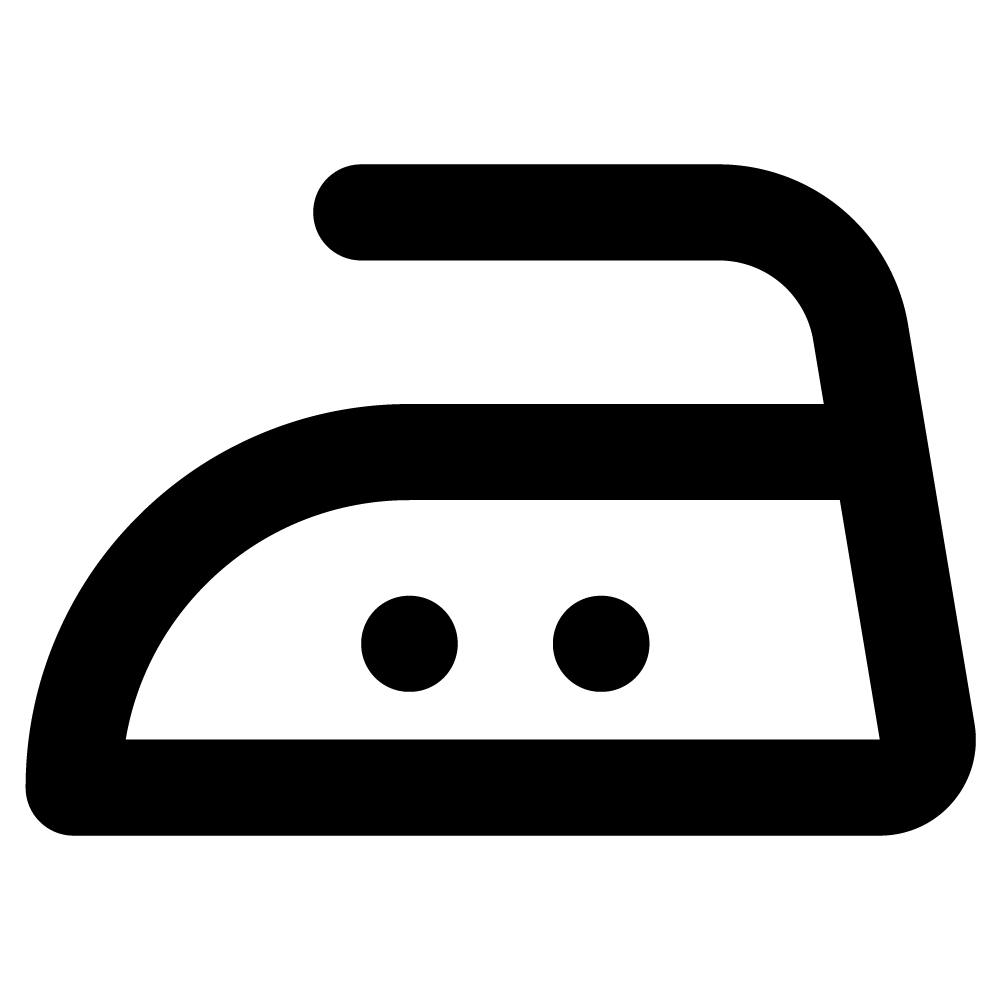 Black and white icon of an iron with two dots, indicating medium heat setting for ironing clothes.
