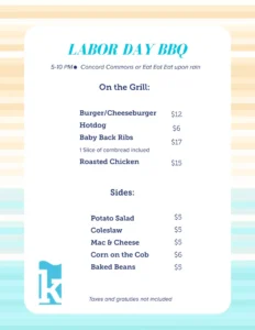 Labor Day BBQ menu with grilled items and sides listed, prices shown, and event details at the top on a blue-striped background.
