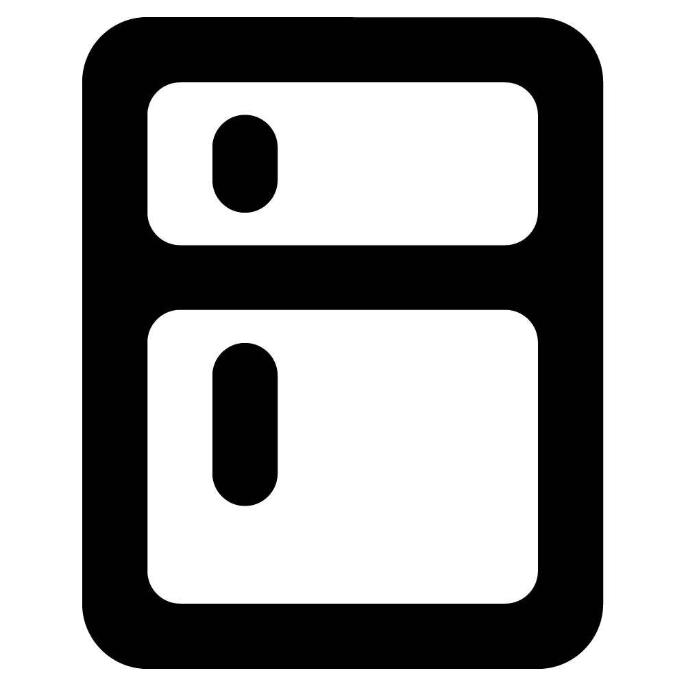 Black and white icon of a refrigerator with two sections, one above the other, representing freezer and fridge compartments.