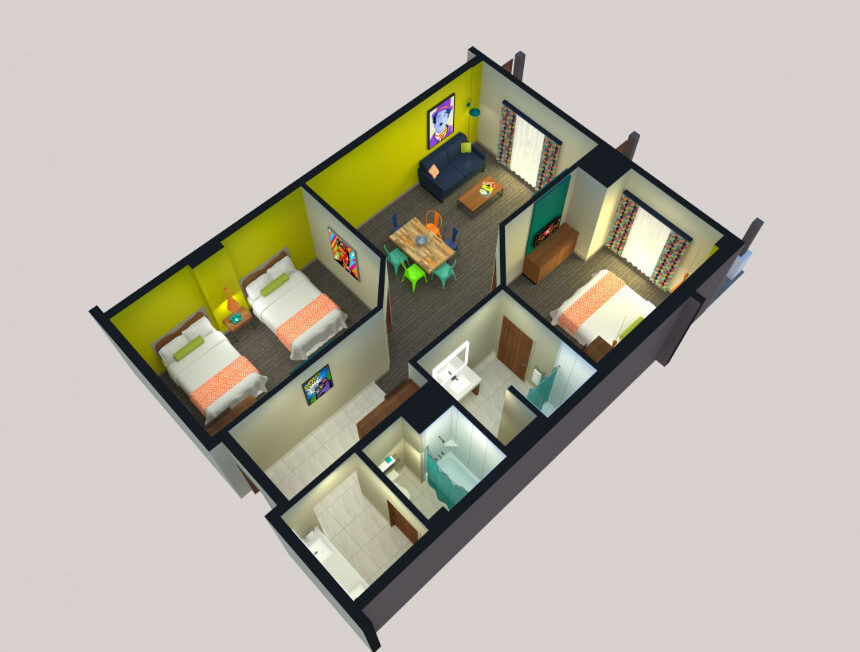 3D floor plan showing two bedrooms, a bathroom, a living area with a sofa and table, and a kitchen.