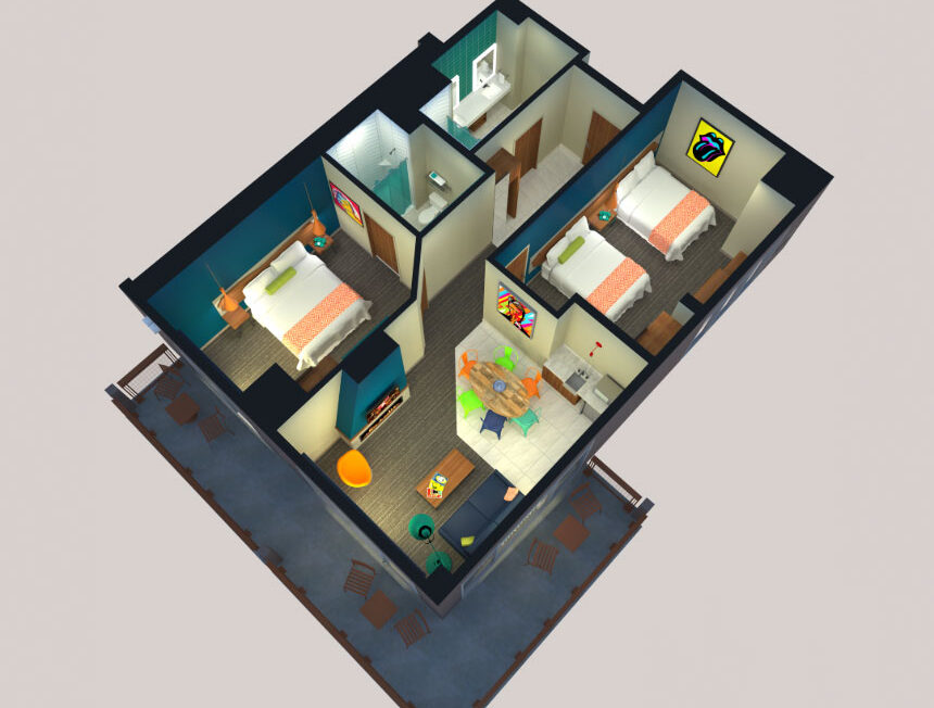 3D floor plan of a two-bedroom apartment with a living area, kitchen, bathroom, and a balcony with seating.