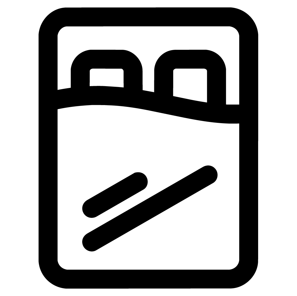 Simple black and white icon of a bed with two pillows and a blanket, viewed from above.