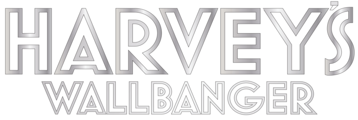 The words HARVEYS WALLBANGER in large, outlined, silver-gradient letters on a white background.