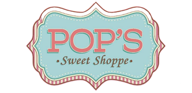 Vintage-style sign with pastel blue background reading POPS Sweet Shoppe in pink and brown lettering, bordered by ornate lines.