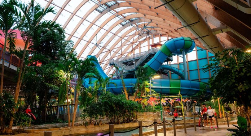 Indoor water park with a large blue and green water slide, tropical plants, and people sitting near a lazy river under a wooden arched roof.