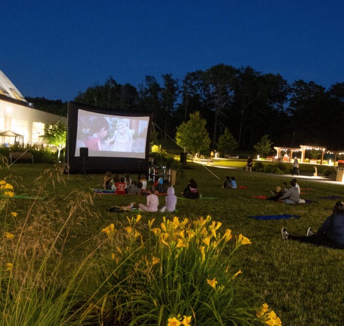 People sit on a lawn watching an outdoor movie at night near a building, with yellow flowers and lights in the background.