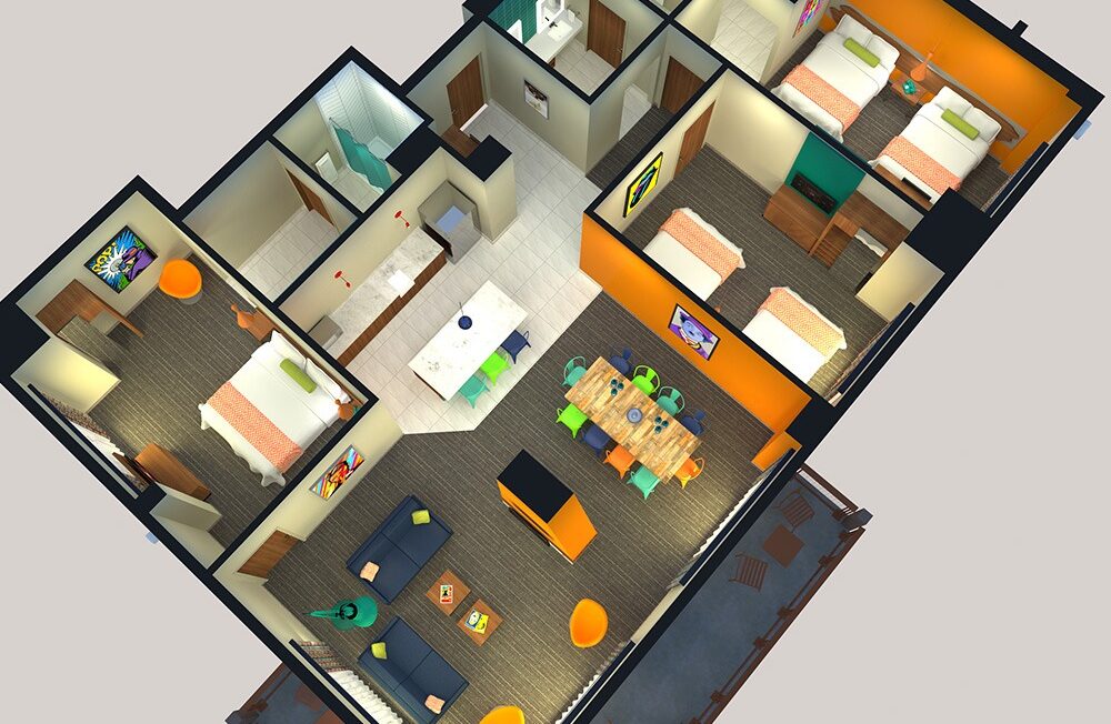3D floor plan of an apartment with two bedrooms, two bathrooms, a kitchen, dining area, living room, and balcony with outdoor seating.
