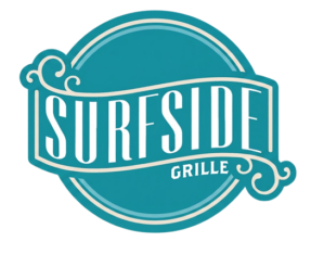 Teal circular logo with the word Surfside in large white letters and Grille in smaller text below, accented by wave-like designs.