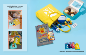 A birthday gift set with a tote bag, plush duck, card, toys, pin, and mini cupcakes, shown with various colorful bags. Bag color may vary.