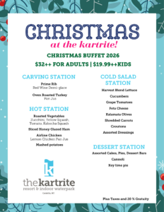 Christmas buffet menu with carving, hot, salad, and dessert stations listed on a festive background from The Kartrite Resort & Indoor Waterpark.