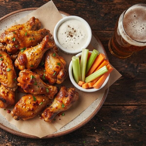 A plate of saucy chicken wings with ranch dip, celery, and carrot sticks, served with a glass of beer on a wooden table.
