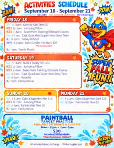 Colorful event schedule with comic-style graphics, listing activities from September 18-21, including crafts, movies, paintball, karaoke, and family games.