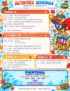 Colorful activities schedule for a camp, listing dates, times, and events like crafts, games, BINGO, karaoke, and paintball. Includes pricing info.