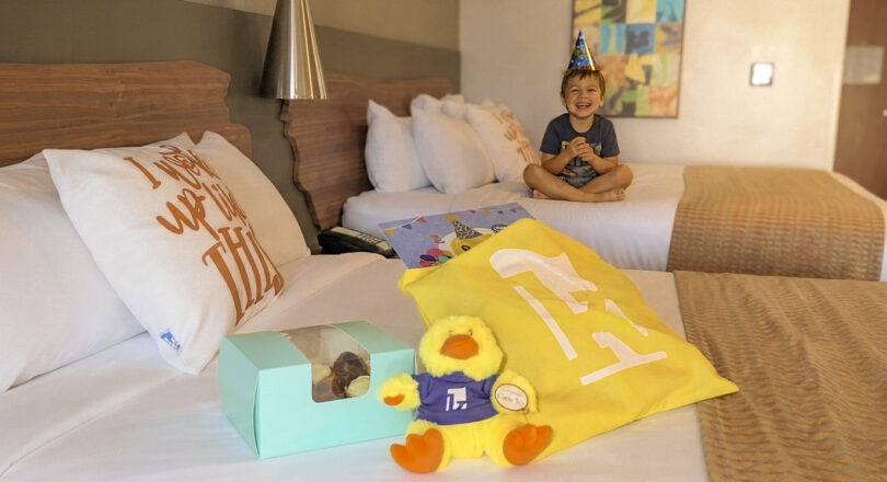 A young child wearing a party hat smiles while sitting on a bed. In the foreground are a yellow blanket, a plush duck, and a box of treats.