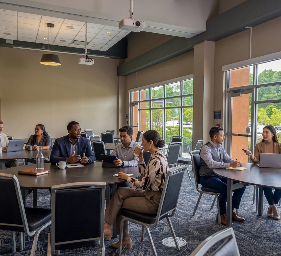 People sit at round tables in a bright conference room, engaging in discussions and working on laptops. Large windows let in natural light.