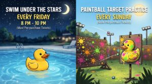 Split image: left shows a rubber duck in a pool at night; right shows a paint-splattered duck target in a backyard for paintball practice.