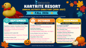 Kartrite Resort fall 2026 activity directory listing monthly events for September, October, and November.